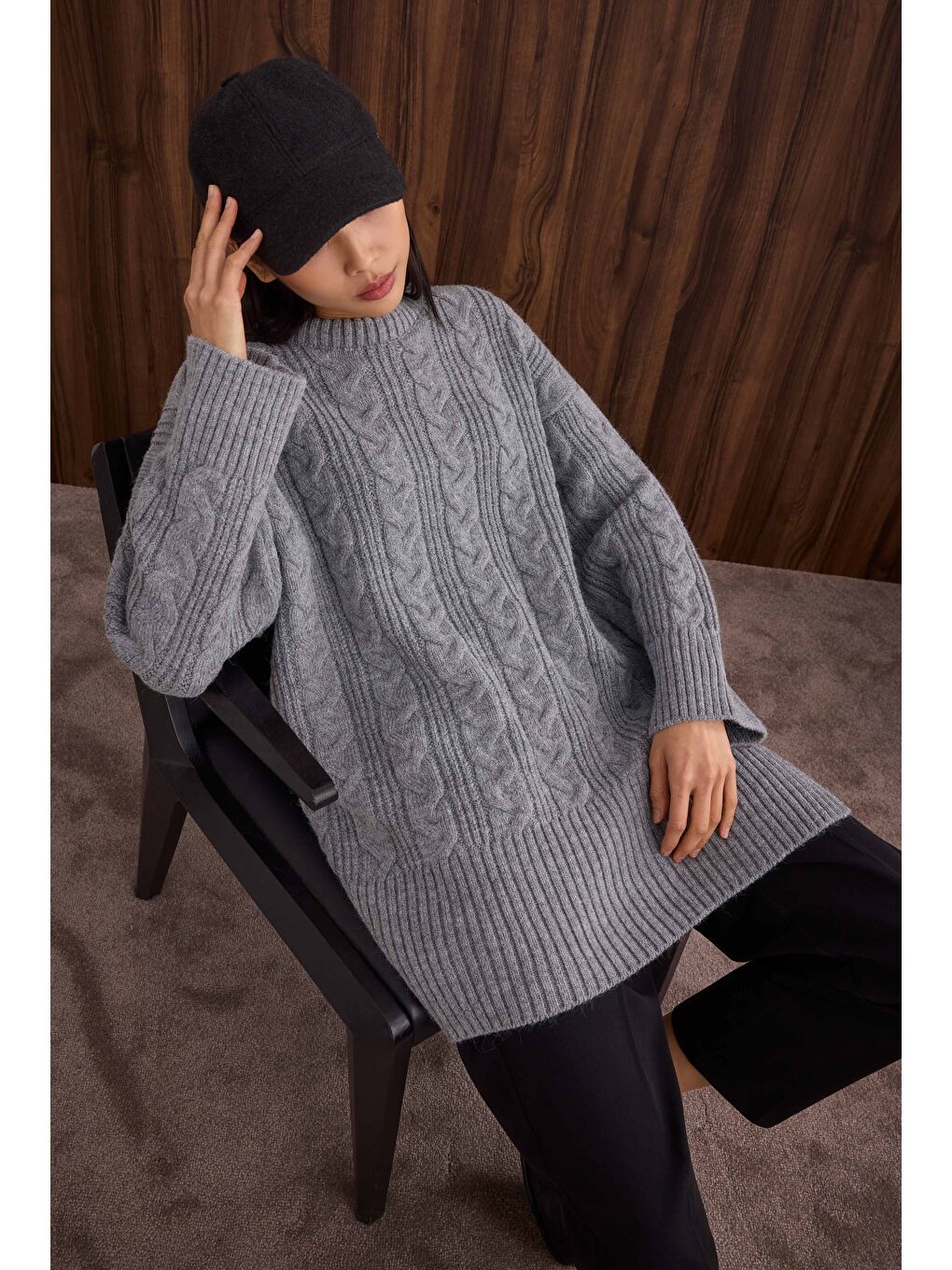 Örgülü Uzun Kazak Gri