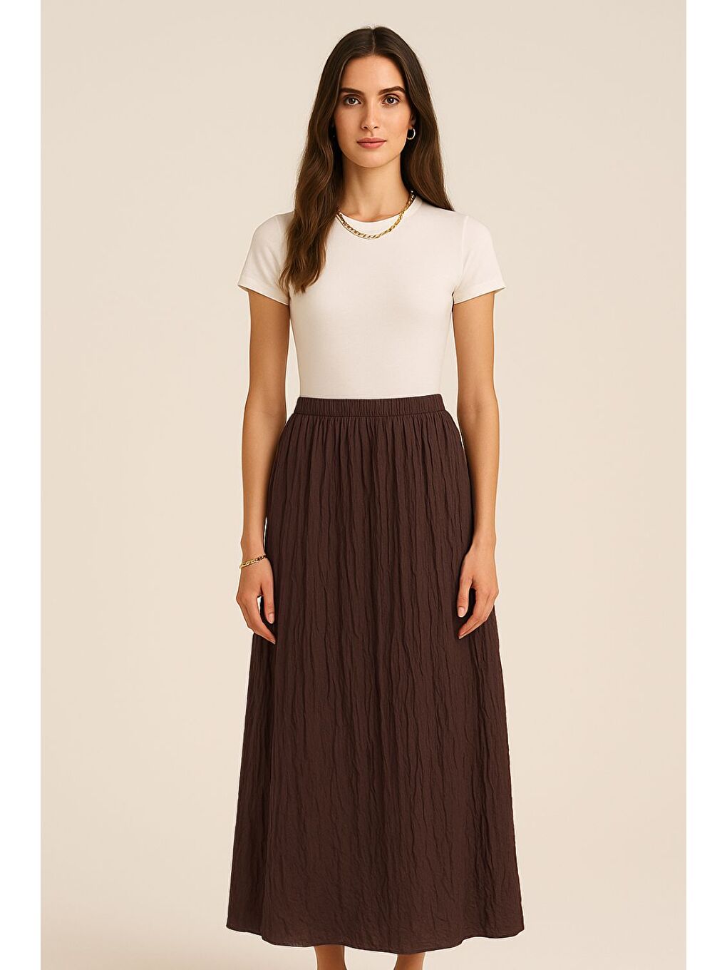 Kırışık Görünümlü Saf Pamuk Kahverengi Maksi Etek