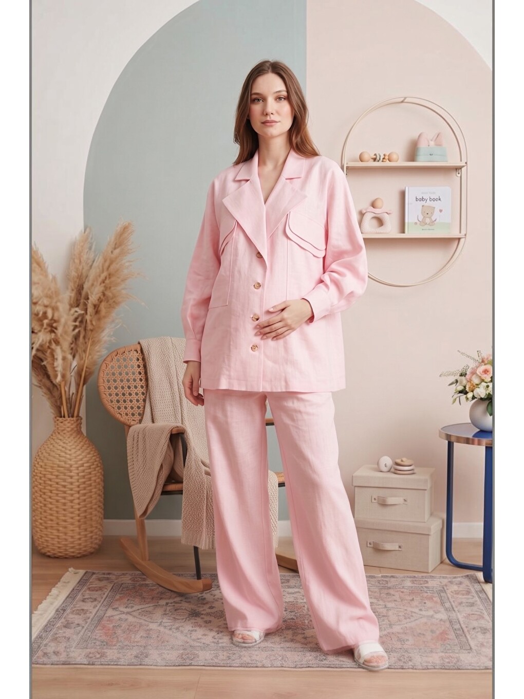 Pembe Santorini %100 PamukKeten Hamile ve Lohusa Pantolonu - Dökümlü Wide Leg