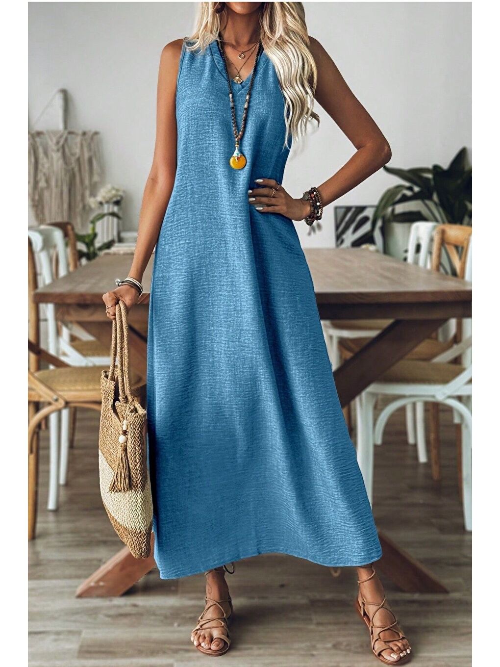 Kadın Koyu Mavi V Yaka Kolsuz Maxi Boy Keten Elbise-4