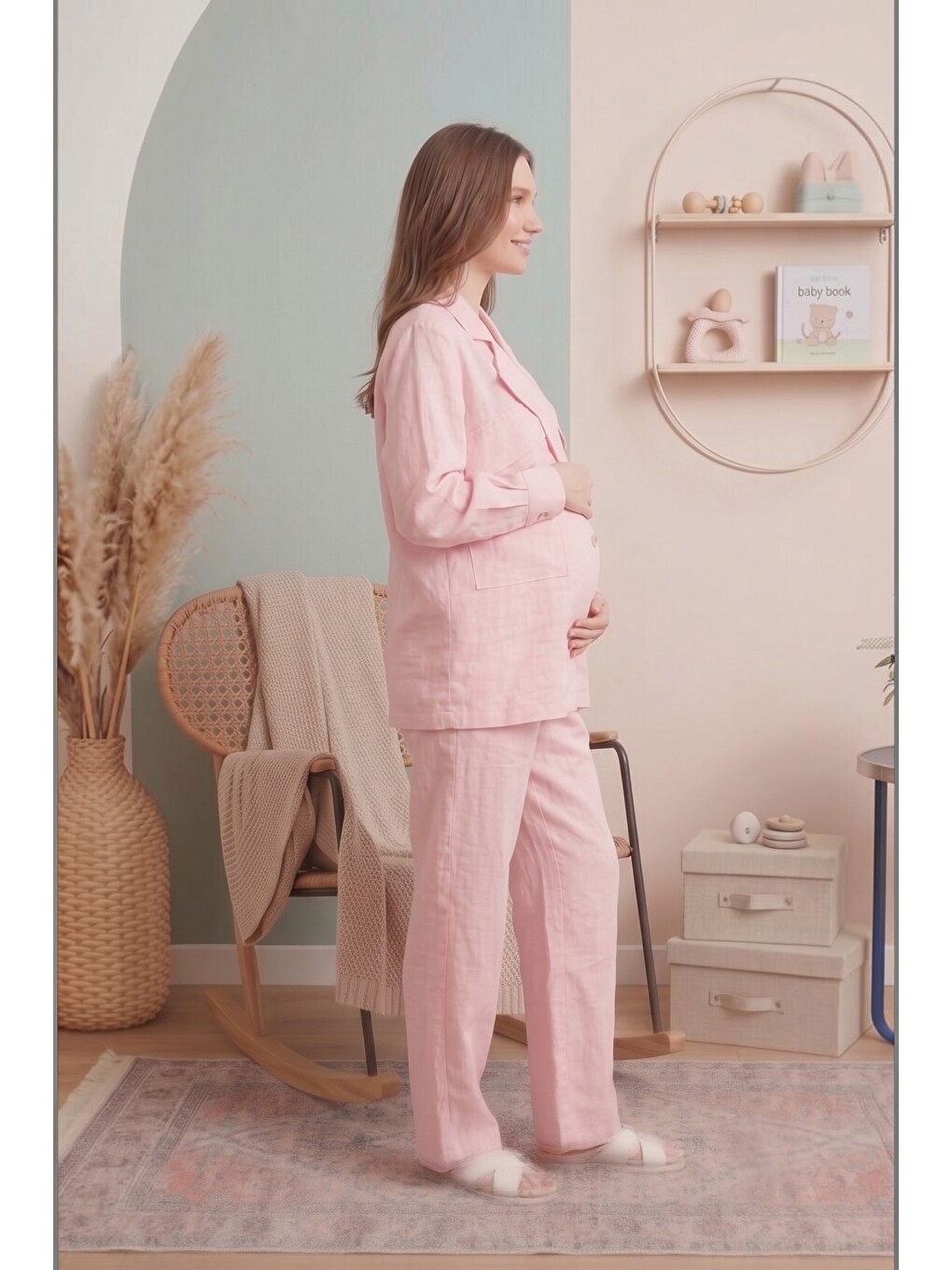 Pembe Santorini %100 PamukKeten Hamile ve Lohusa Pantolonu - Dökümlü Wide Leg-1