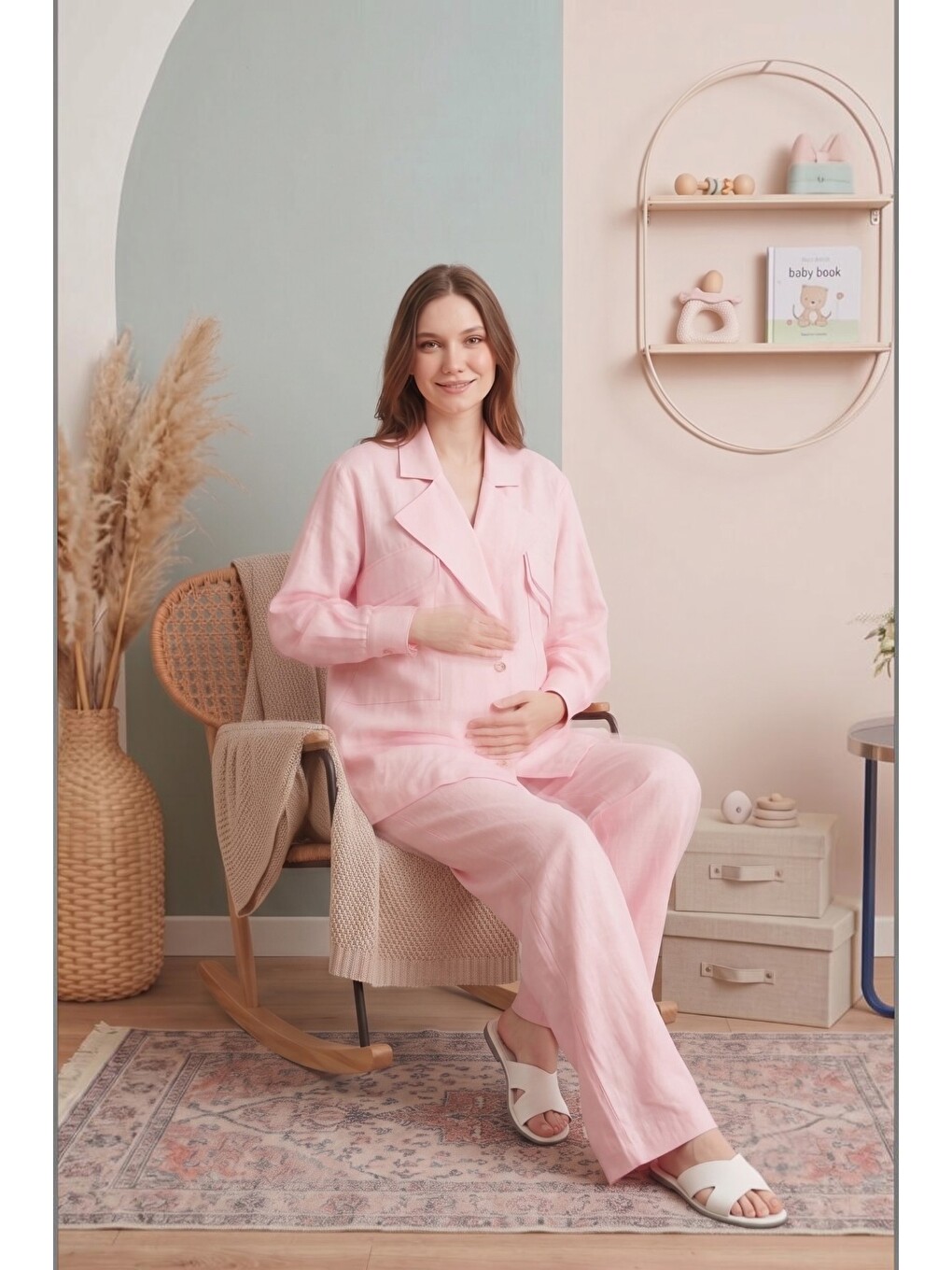 Pembe Santorini %100 PamukKeten Hamile ve Lohusa Pantolonu - Dökümlü Wide Leg-2