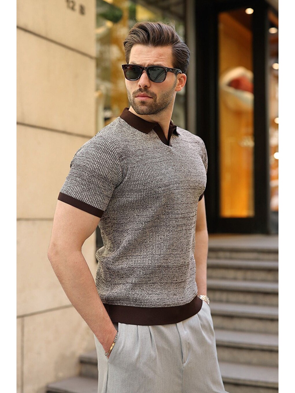 Kahverengi Polo Yaka Regular Fit Erkek Triko Tişört E7496