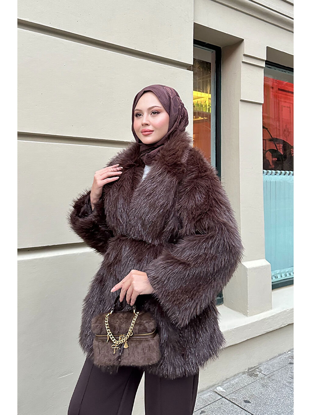 Kahverengi Kadın Sim Detay Kemerli Kaban Acı Kahve-1