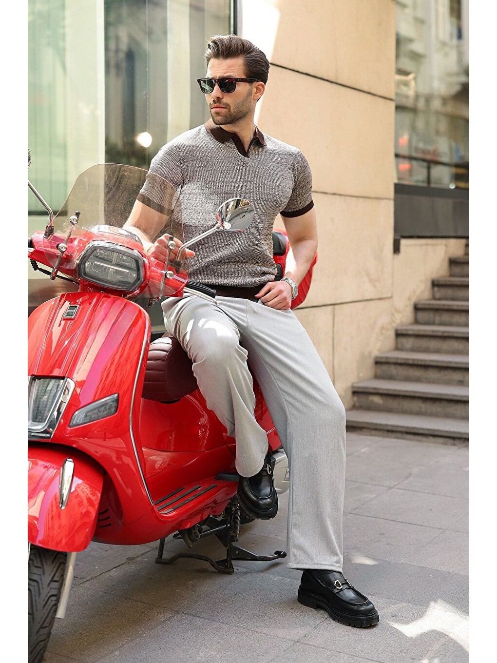 Kahverengi Polo Yaka Regular Fit Erkek Triko Tişört E7496-1