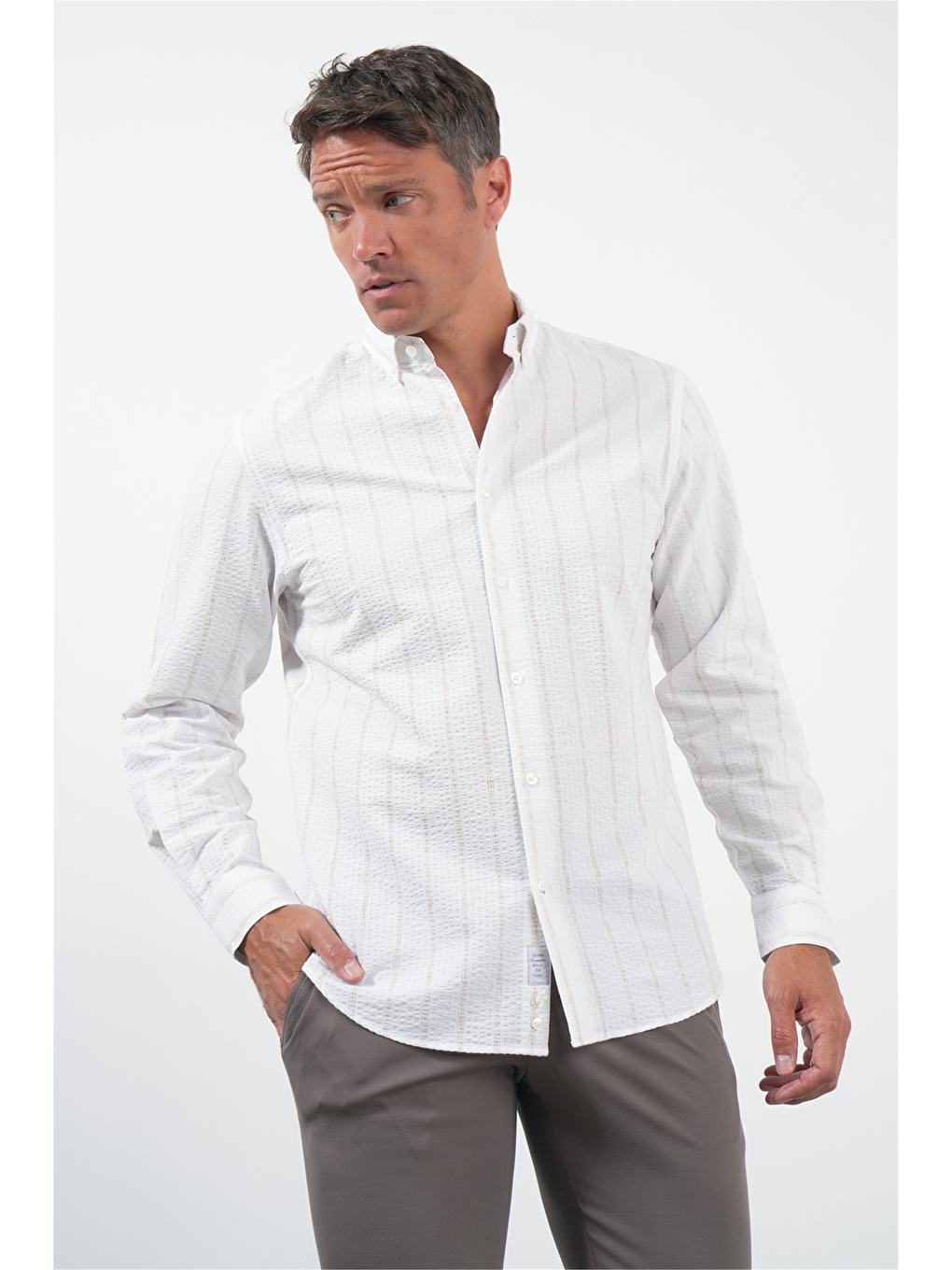 Beyaz-haki Yumuşak Yaka Uzun Kol Slim Fit Pamuklu Gömlek 1004260259