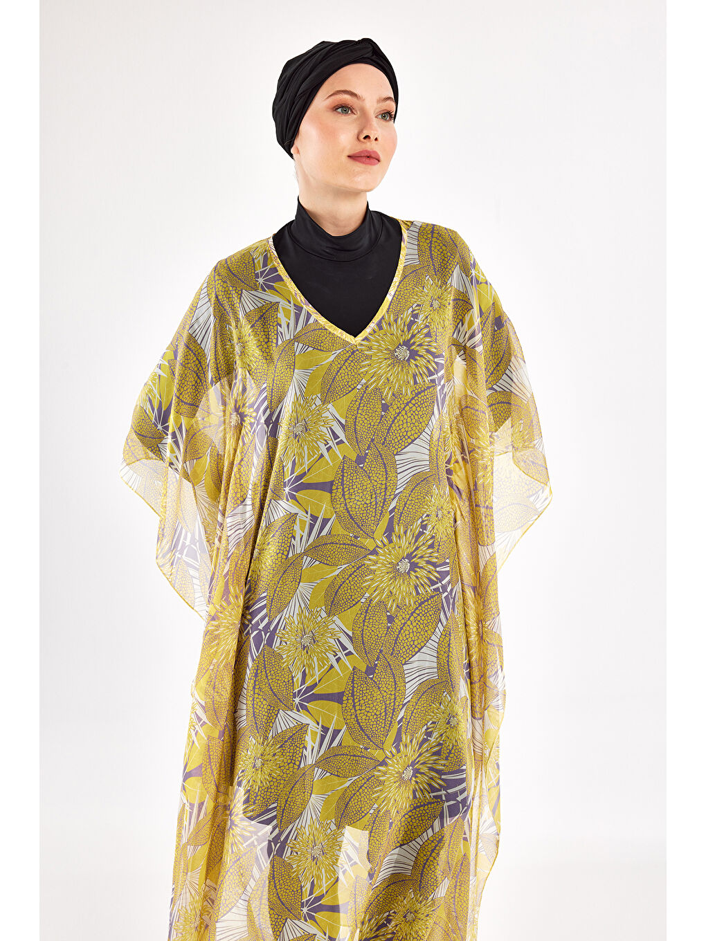 UV Korumalı Mayo Üzerine Tek Pareo Kaftan 1705 Sarı-2