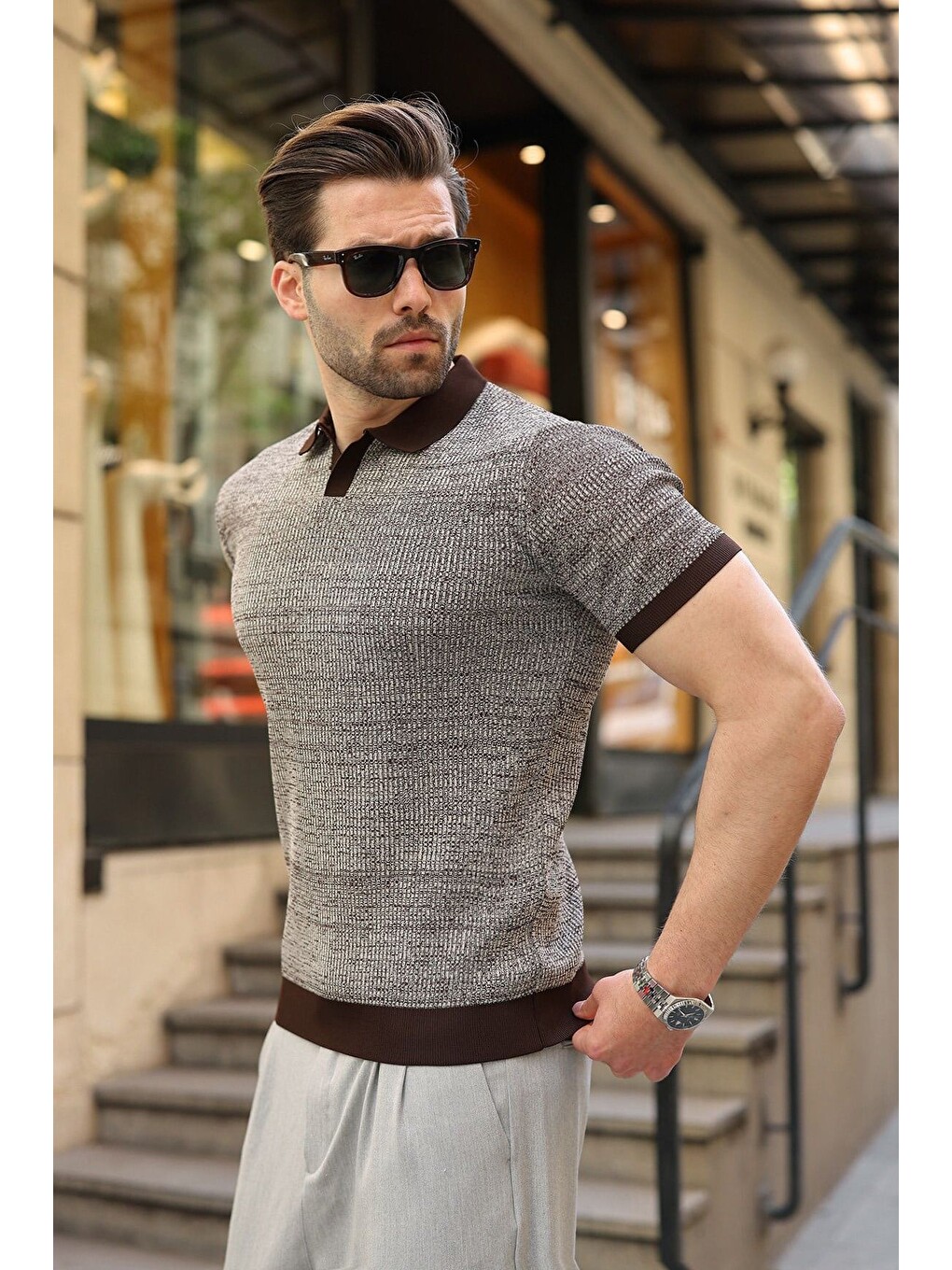 Kahverengi Polo Yaka Regular Fit Erkek Triko Tişört E7496-4