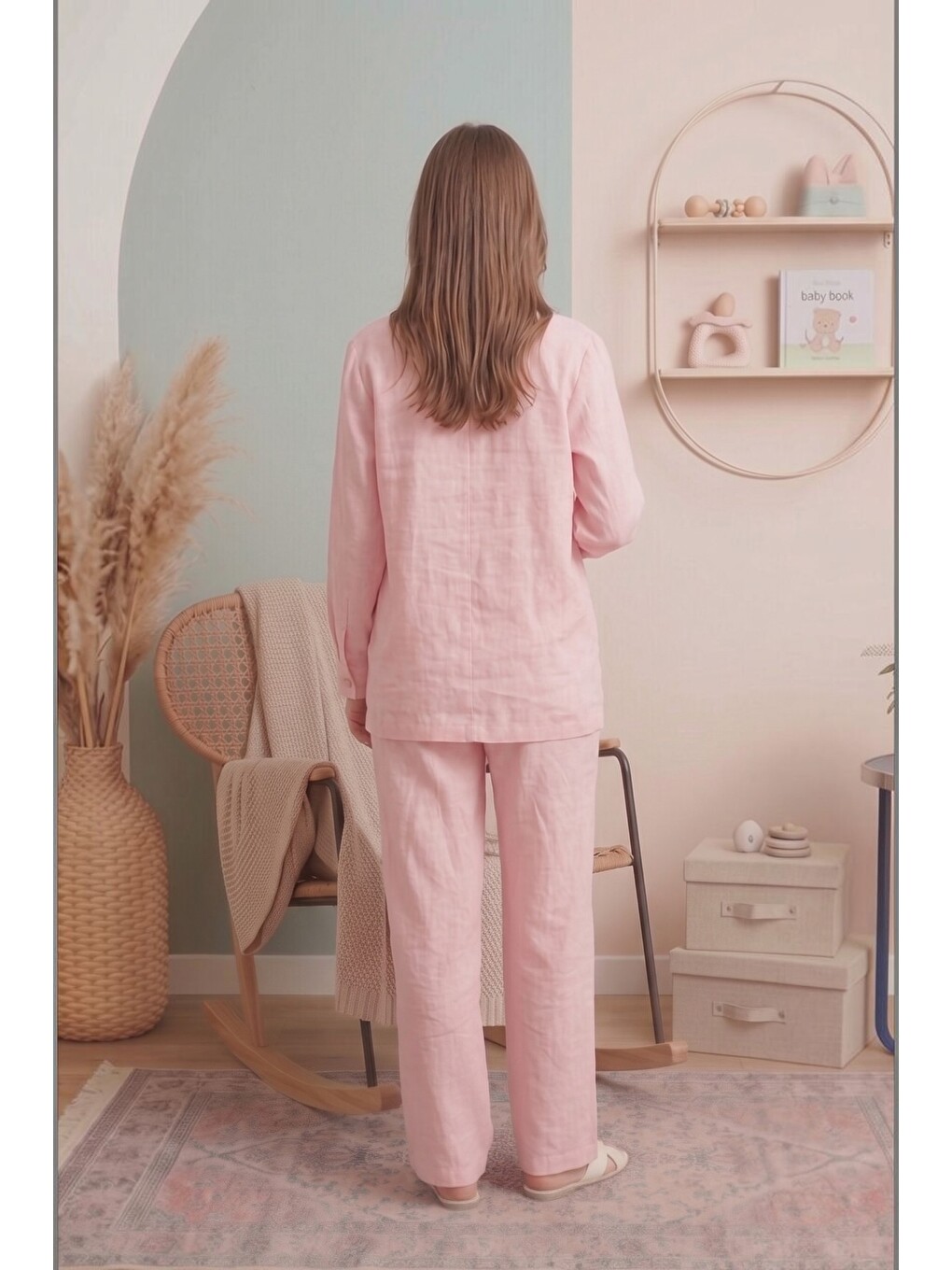 Pembe Santorini %100 PamukKeten Hamile ve Lohusa Pantolonu - Dökümlü Wide Leg-4