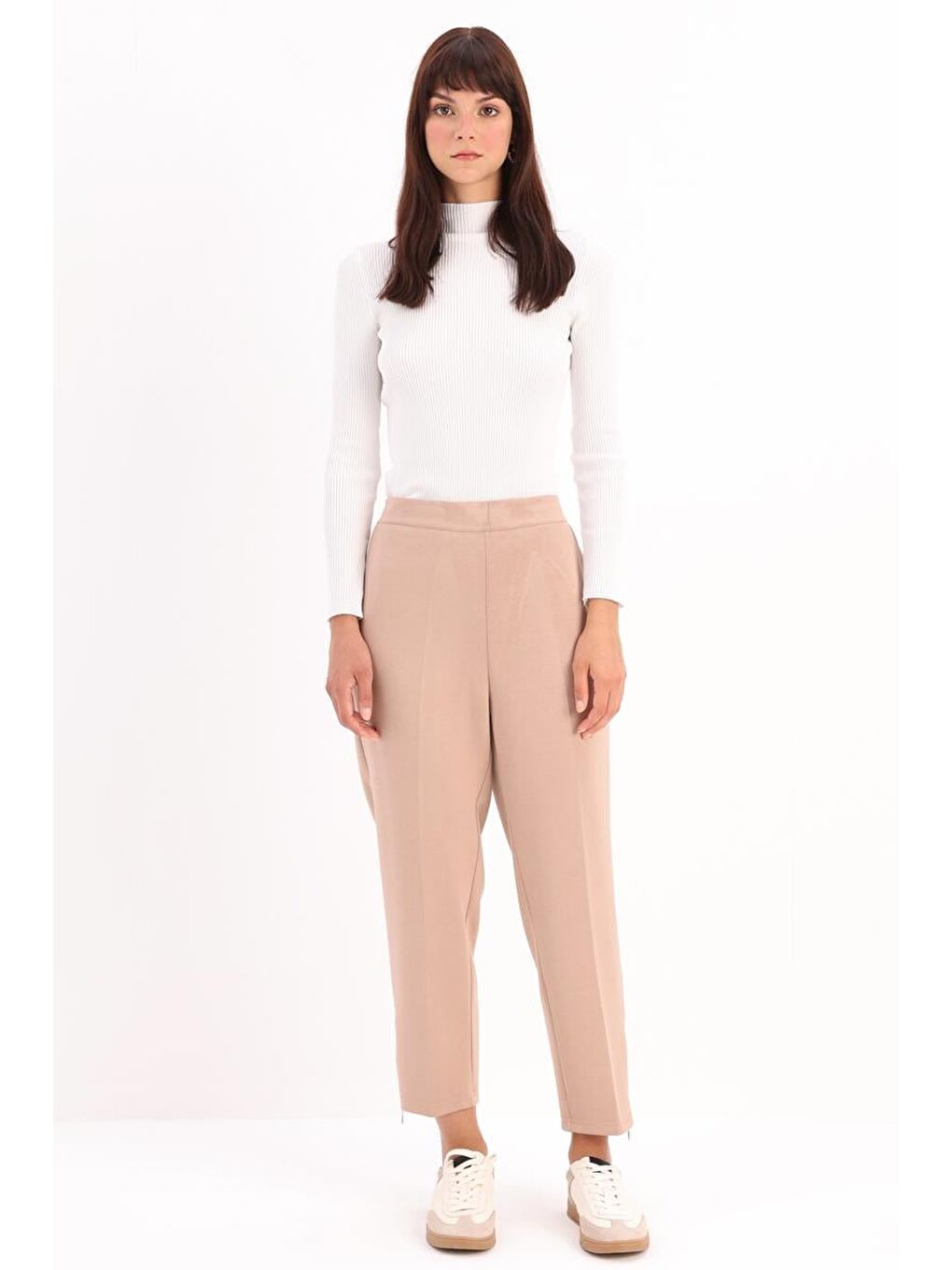 Bej Vizon-Paçası Fermuarlı Pantolon