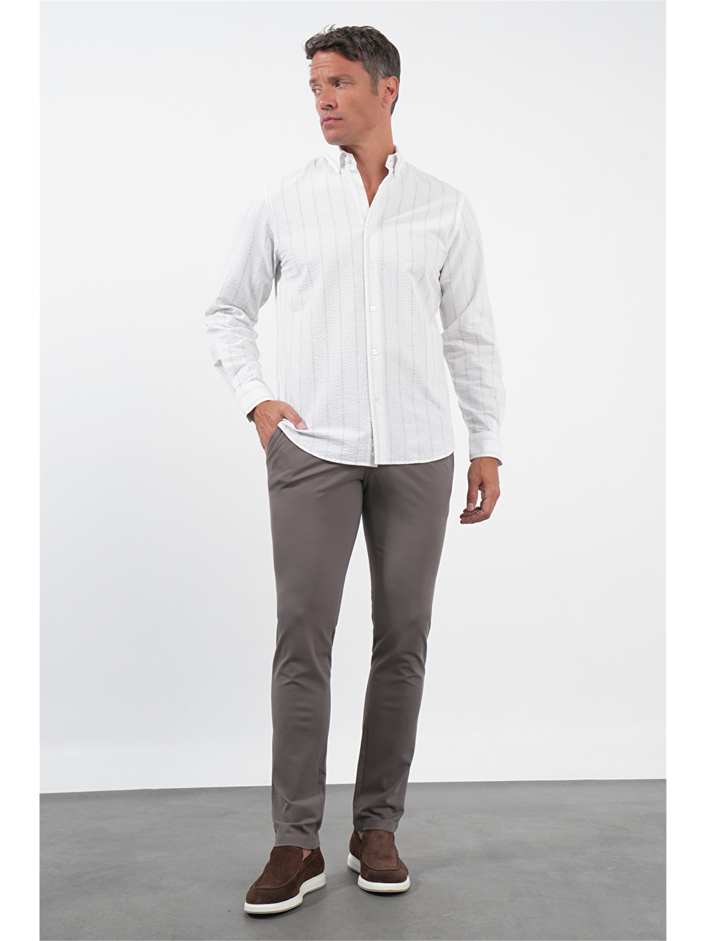 Beyaz-haki Yumuşak Yaka Uzun Kol Slim Fit Pamuklu Gömlek 1004260259-1