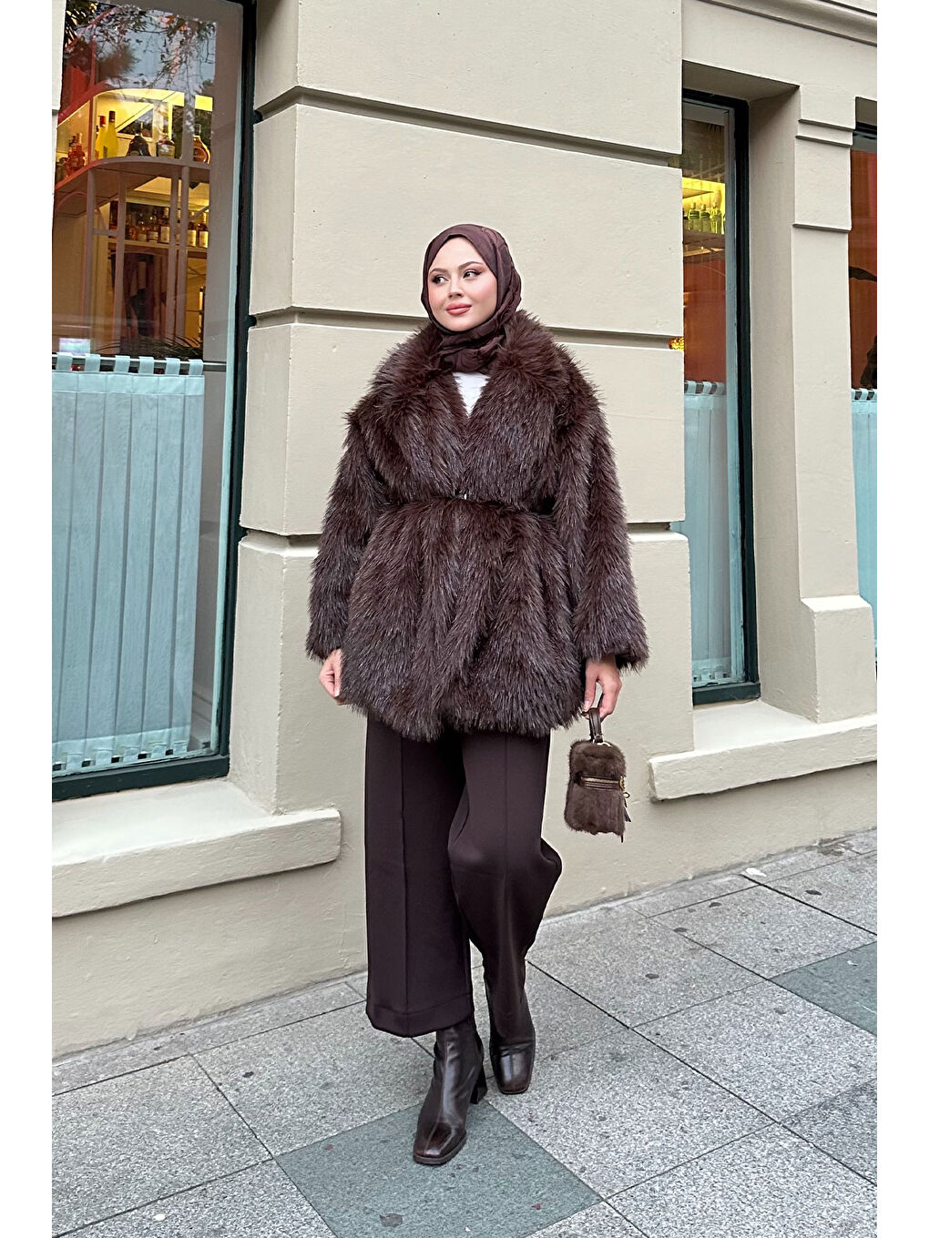 Kahverengi Kadın Sim Detay Kemerli Kaban Acı Kahve-2