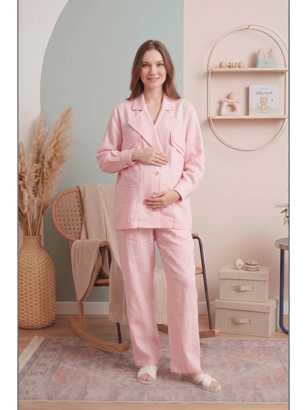 Pembe Santorini %100 PamukKeten Hamile ve Lohusa Pantolonu - Dökümlü Wide Leg-5