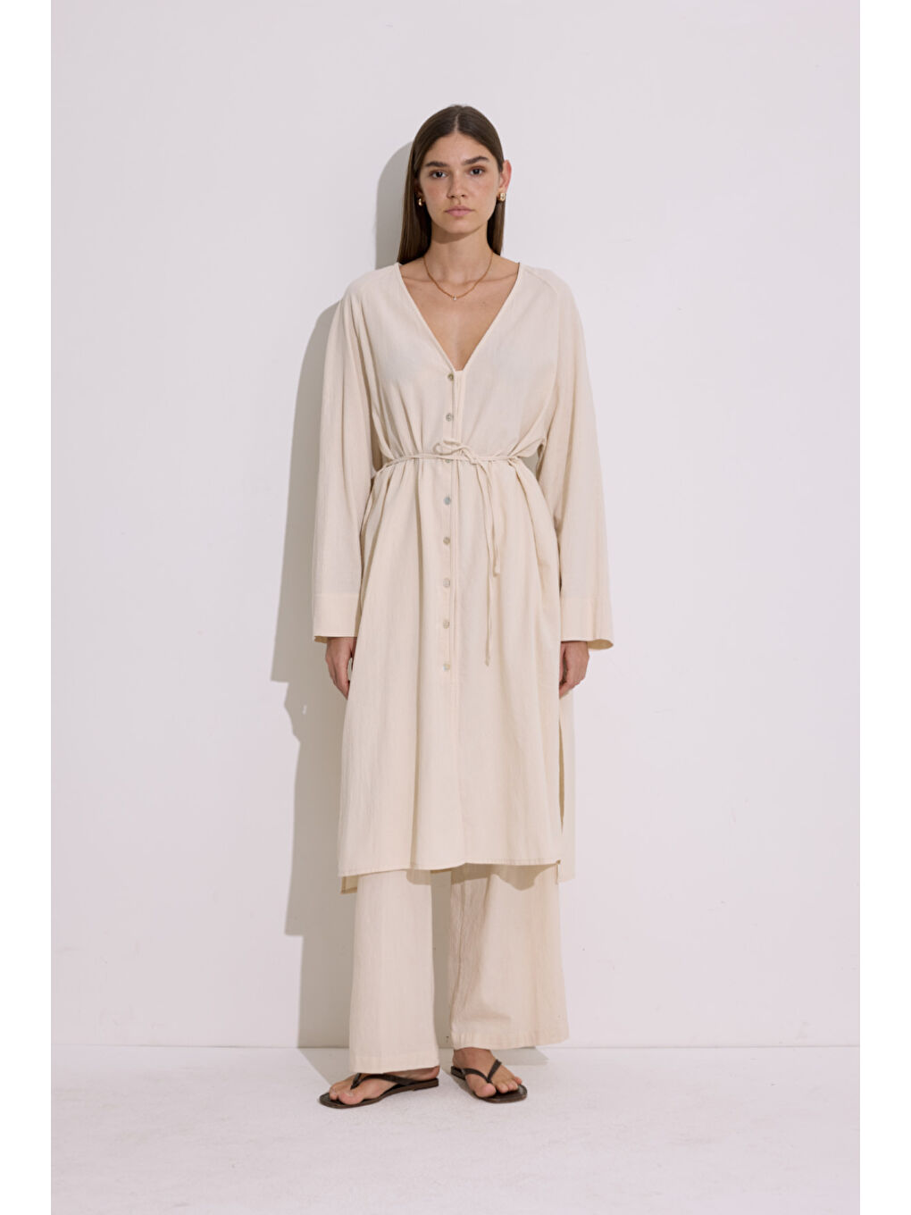 Bej Dokulu Düğmeli Uzun Tunik Natural-2