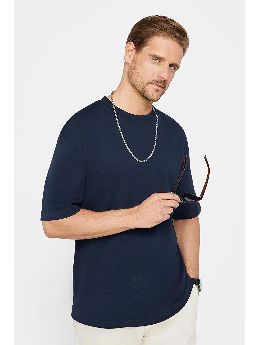 Unisex 3'Lü Paket Lacivert-Beyaz-Siyah Oversize Geniş Kesim %100 Pamuk Basic Bisiklet Yaka Tişört-1