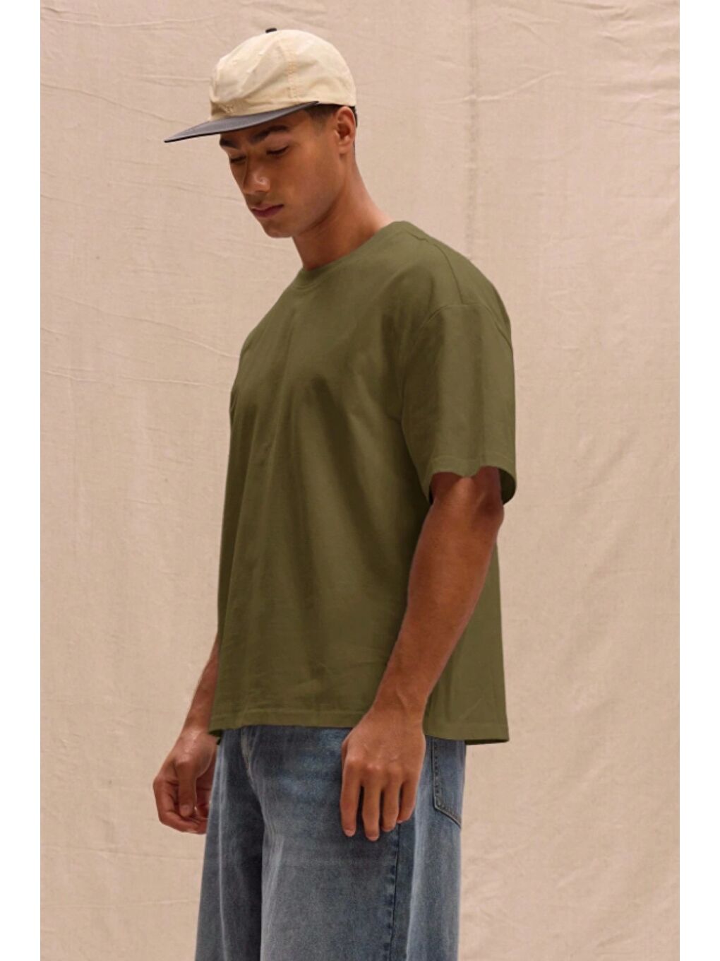 Haki Erkek %100 Organik Pamuklu Kalın Dokulu Comfort Fit Bisiklet Yakalı T-shirt-2