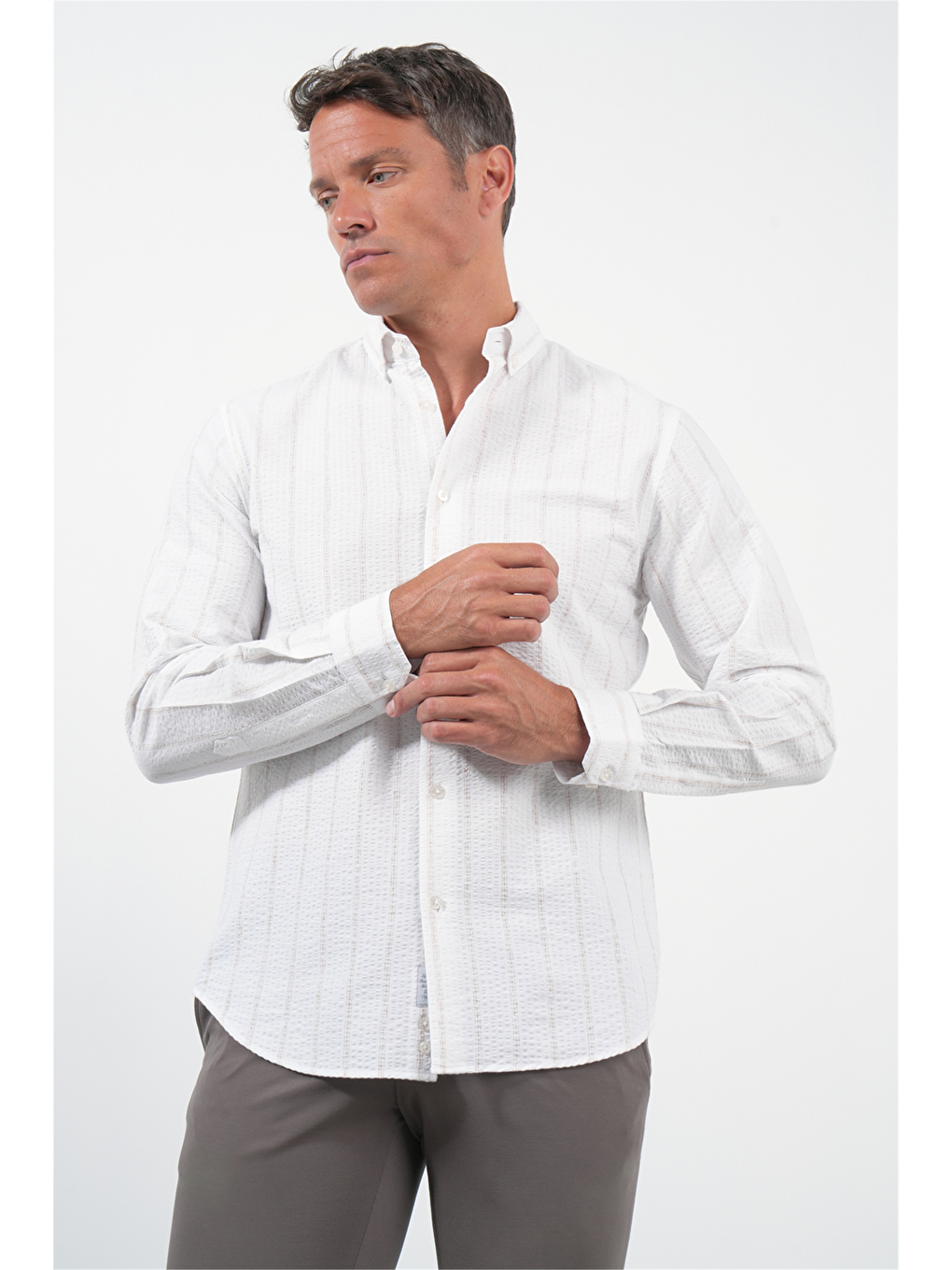 Beyaz-haki Yumuşak Yaka Uzun Kol Slim Fit Pamuklu Gömlek 1004260259-2