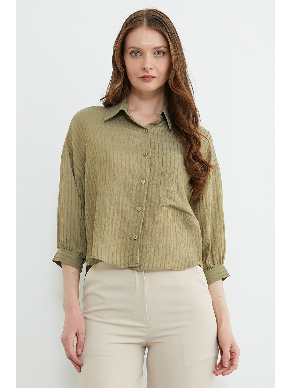 Haki Çizgili Jakarlı Tek Cepli Gömlek-1