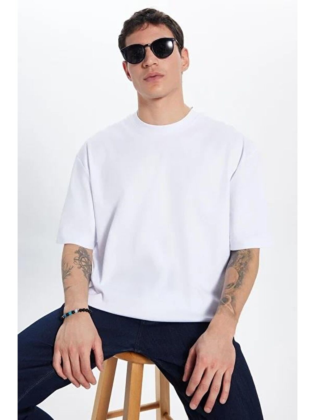 Unisex 3'Lü Paket Lacivert-Beyaz-Siyah Oversize Geniş Kesim %100 Pamuk Basic Bisiklet Yaka Tişört-2