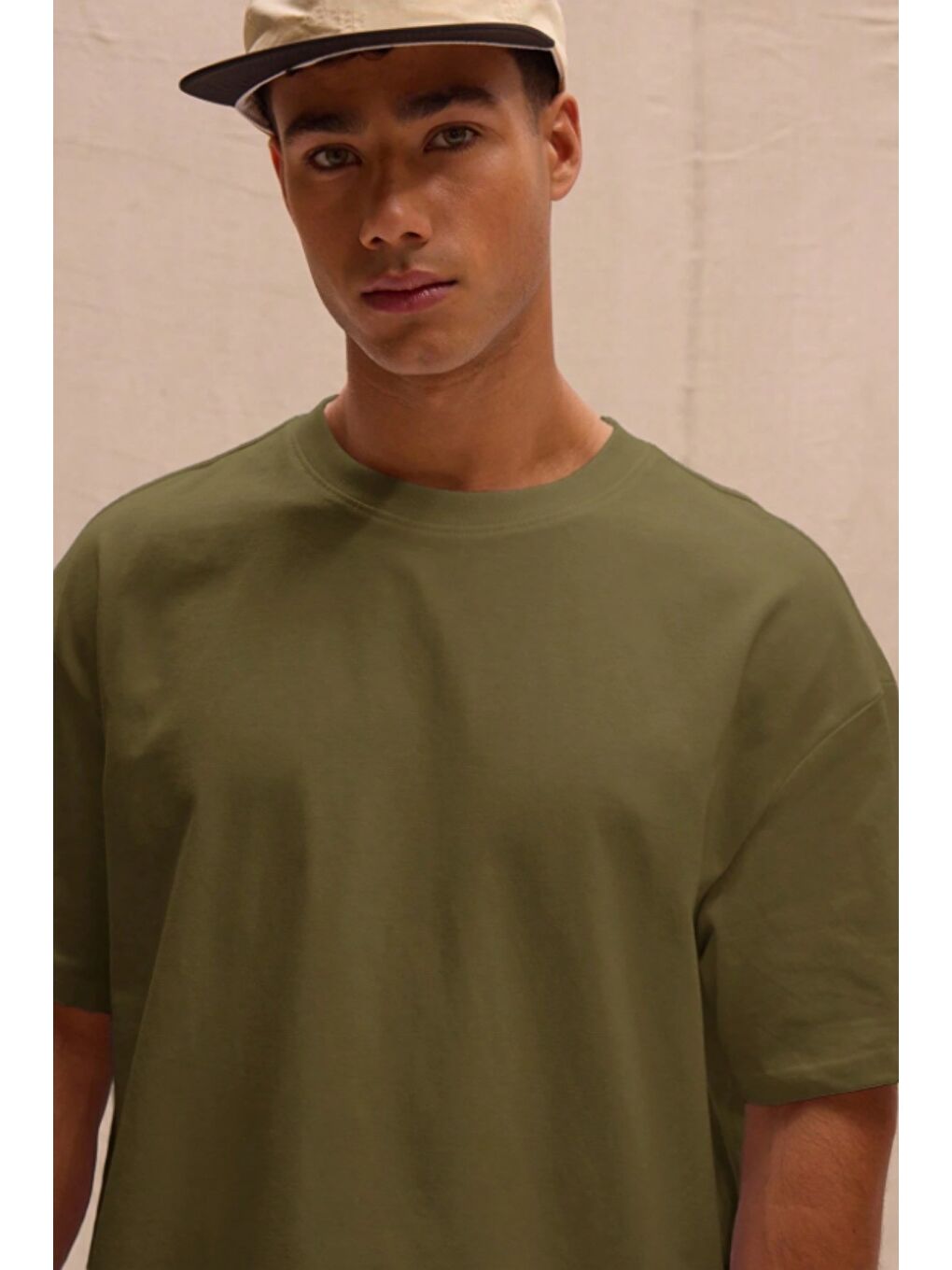 Haki Erkek %100 Organik Pamuklu Kalın Dokulu Comfort Fit Bisiklet Yakalı T-shirt-3