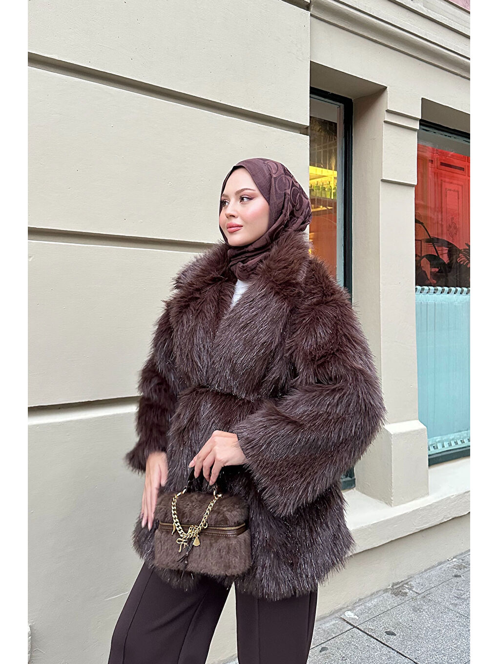 Kahverengi Kadın Sim Detay Kemerli Kaban Acı Kahve-3