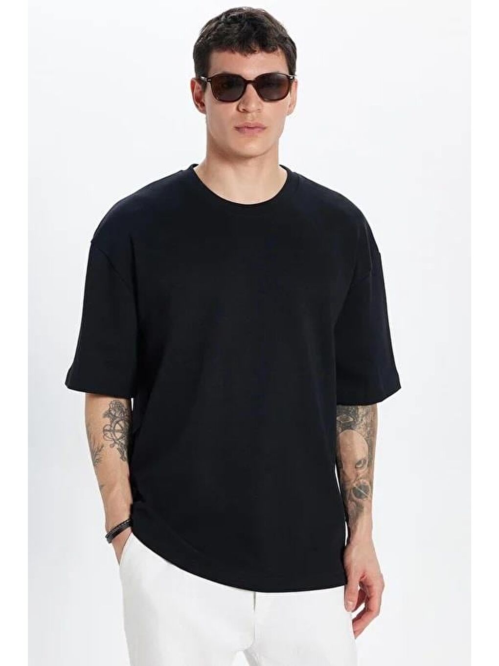 Unisex 3'Lü Paket Lacivert-Beyaz-Siyah Oversize Geniş Kesim %100 Pamuk Basic Bisiklet Yaka Tişört-3