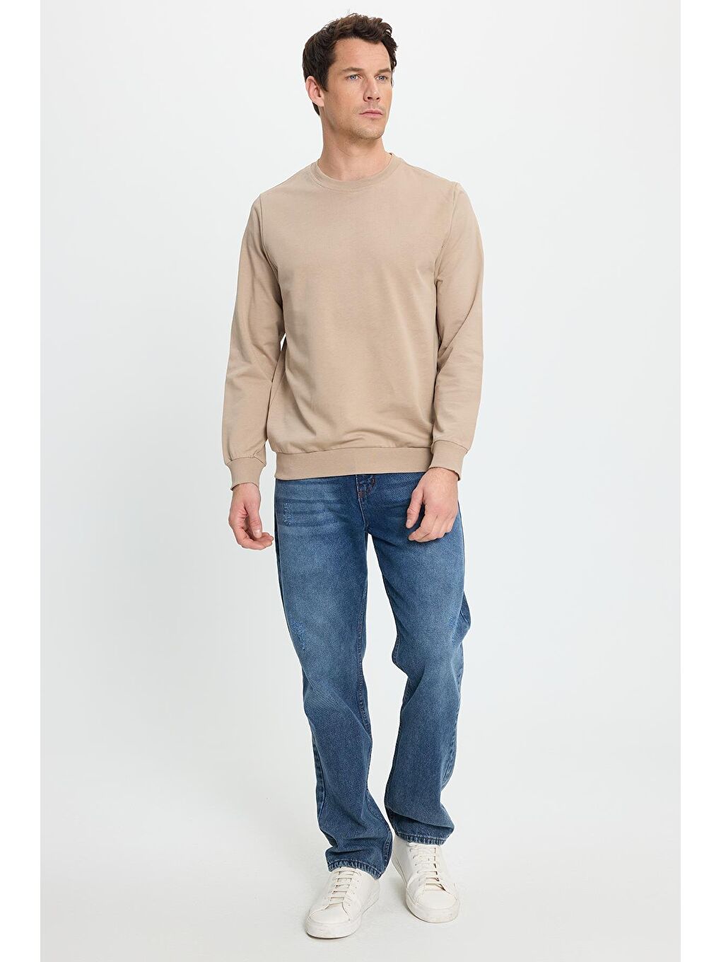 Bej Erkek Relax Fit Rahat Kesim %100 Pamuk 2 İplik Bisiklet Yaka Taş Sweatshirt-1