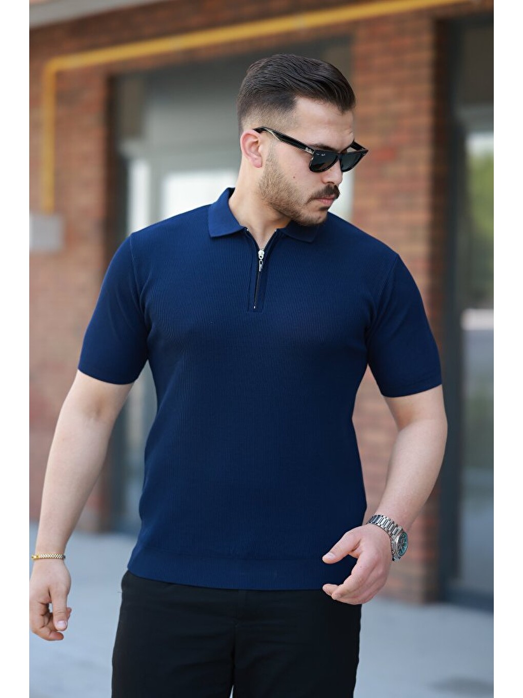 Lacivert Erkek Fermuarlı Yakalı Kısa Kollu Tshirt