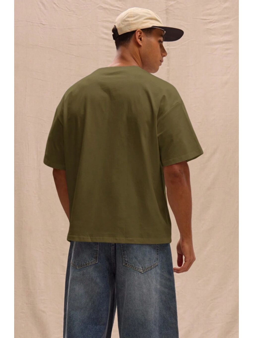 Haki Erkek %100 Organik Pamuklu Kalın Dokulu Comfort Fit Bisiklet Yakalı T-shirt-4