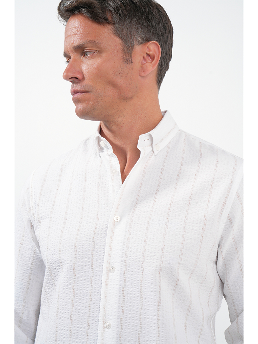 Beyaz-haki Yumuşak Yaka Uzun Kol Slim Fit Pamuklu Gömlek 1004260259-3