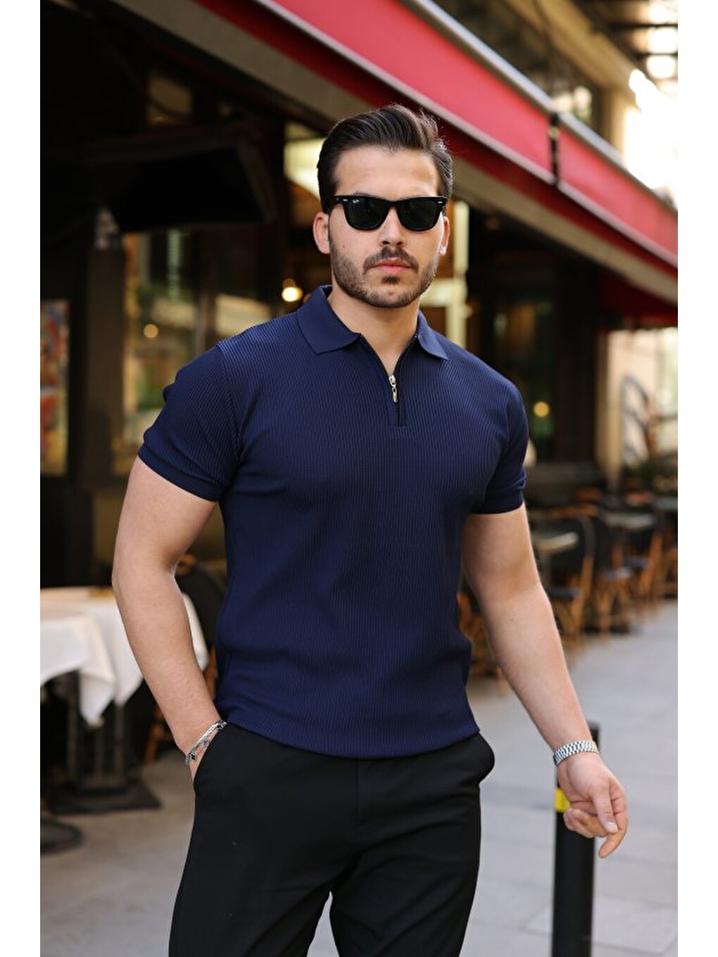 Lacivert Erkek Fermuarlı Yakalı Kısa Kollu Tshirt-2