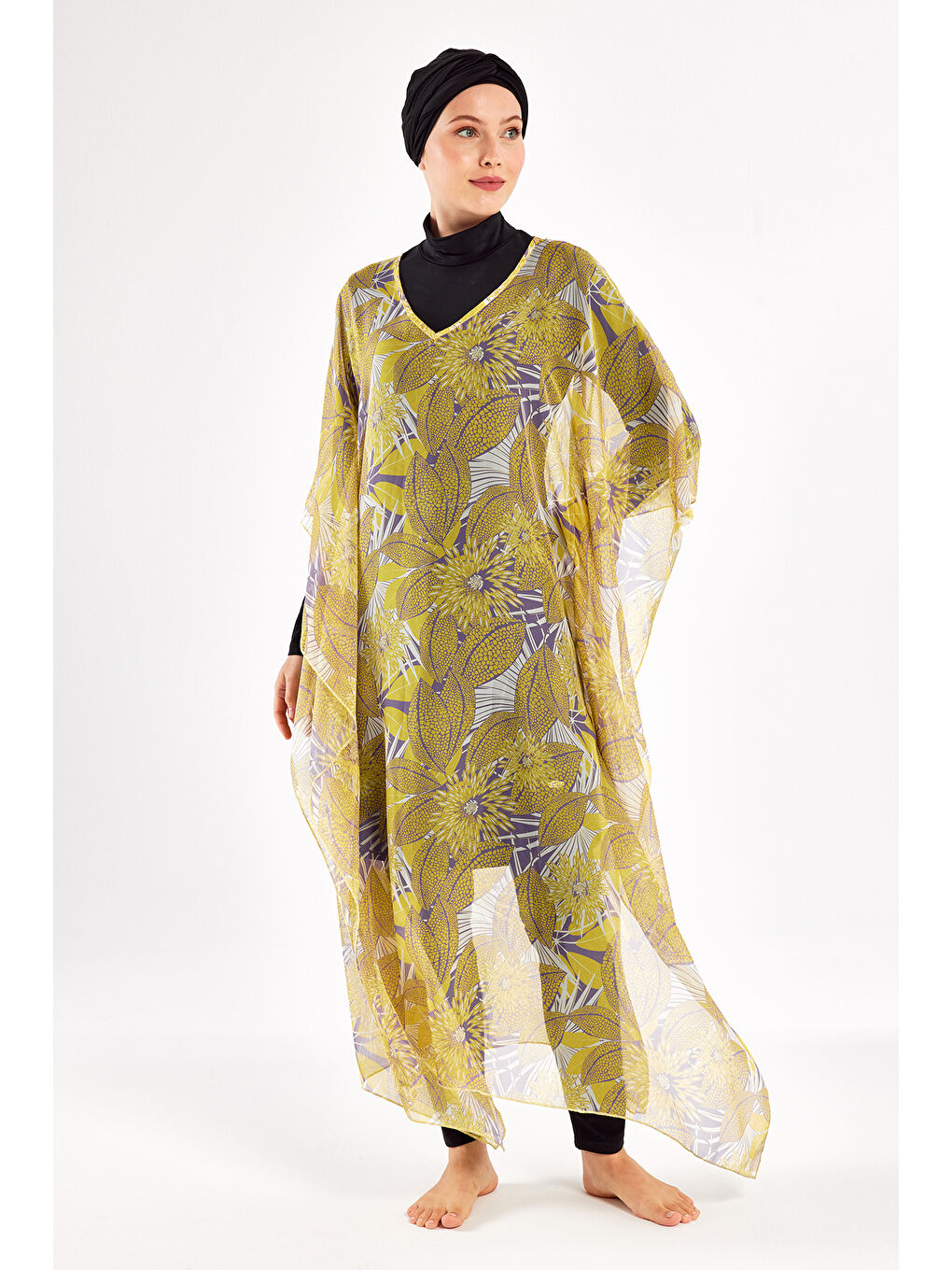 UV Korumalı Mayo Üzerine Tek Pareo Kaftan 1705 Sarı-4