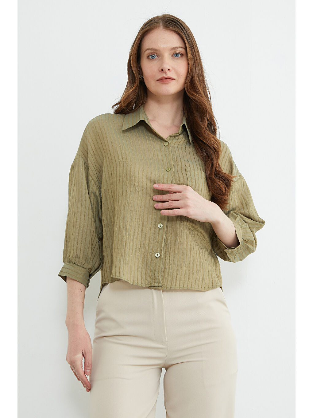 Haki Çizgili Jakarlı Tek Cepli Gömlek-2