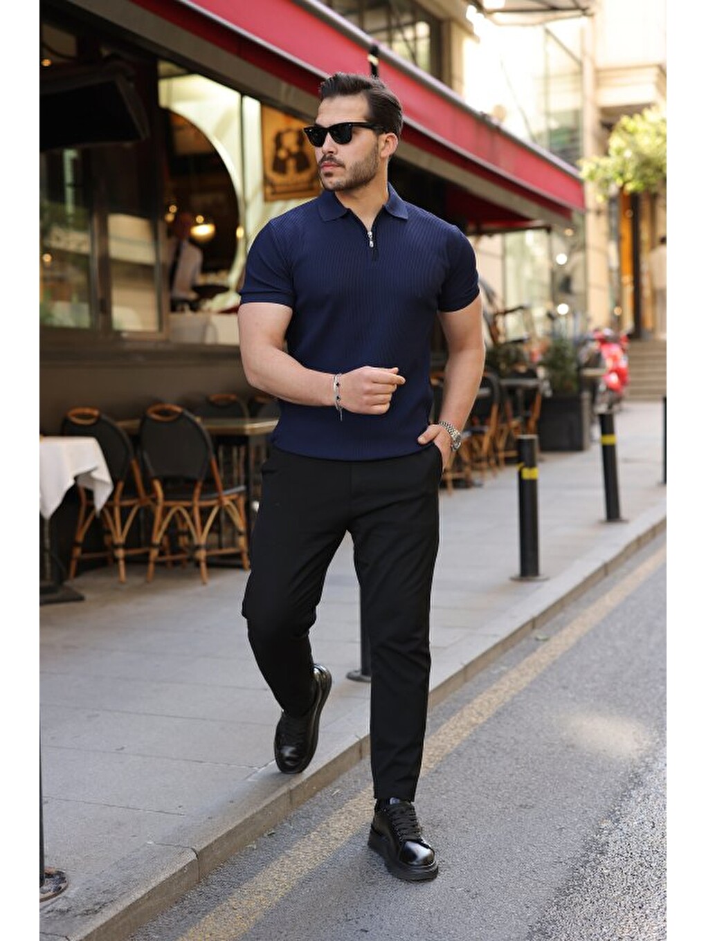 Lacivert Erkek Fermuarlı Yakalı Kısa Kollu Tshirt-3