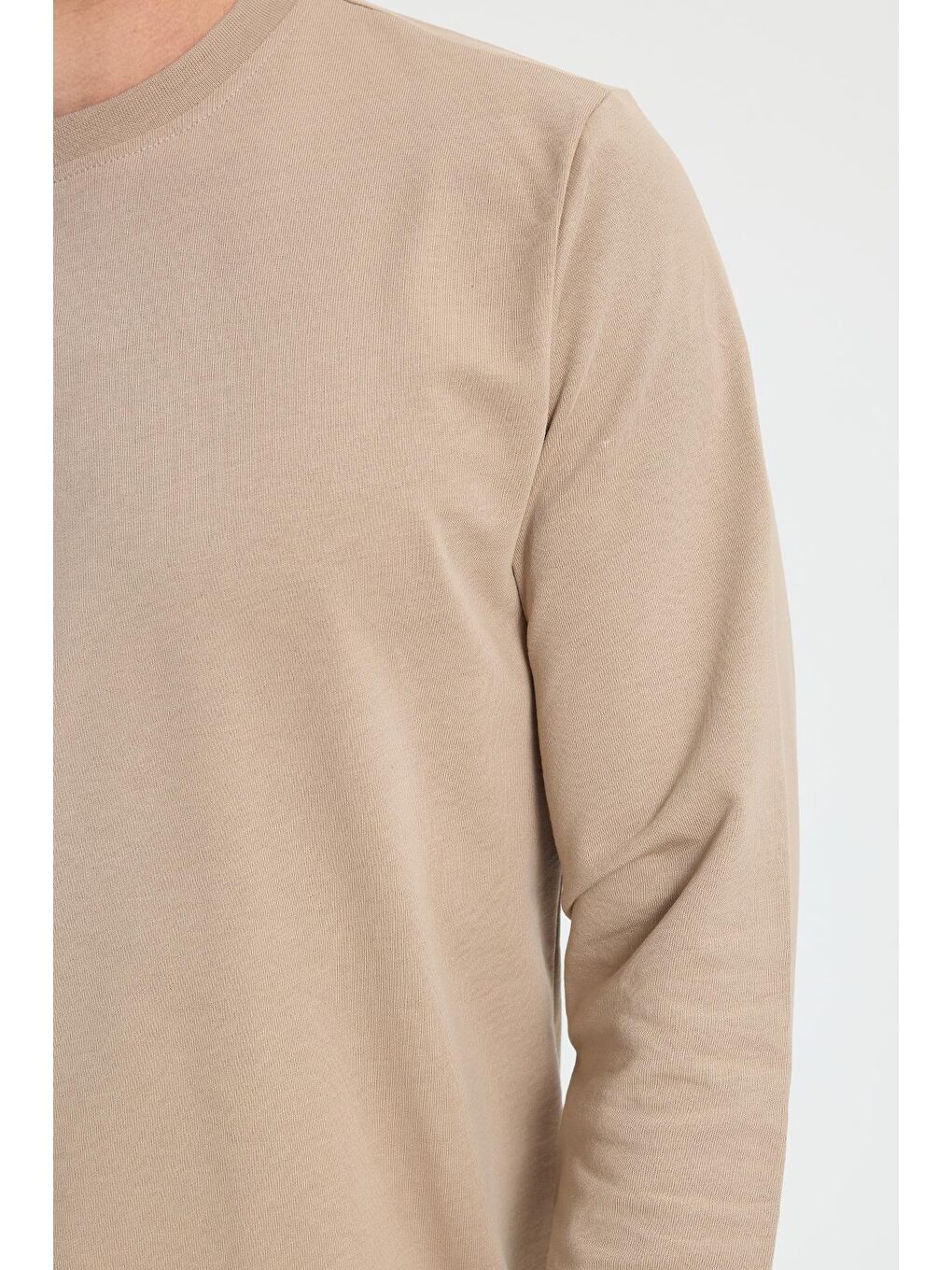 Bej Erkek Relax Fit Rahat Kesim %100 Pamuk 2 İplik Bisiklet Yaka Taş Sweatshirt-2