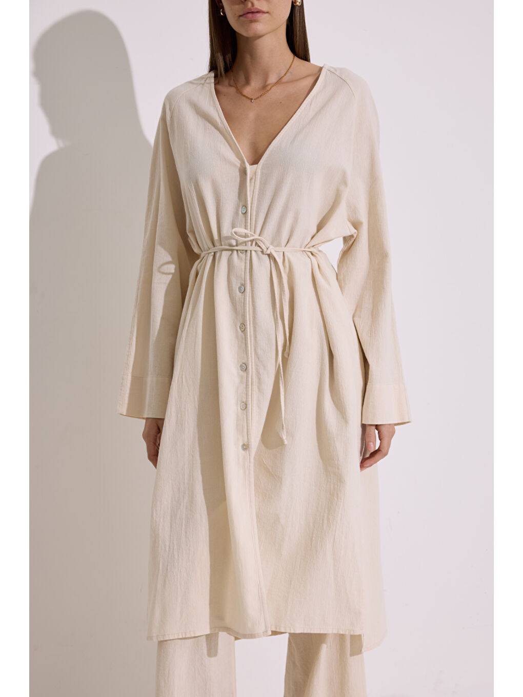 Bej Dokulu Düğmeli Uzun Tunik Natural-3