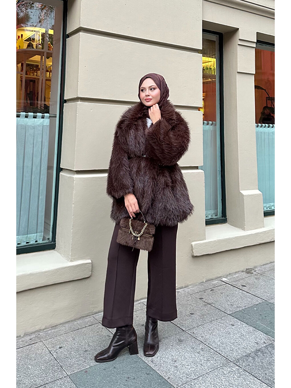 Kahverengi Kadın Sim Detay Kemerli Kaban Acı Kahve-4