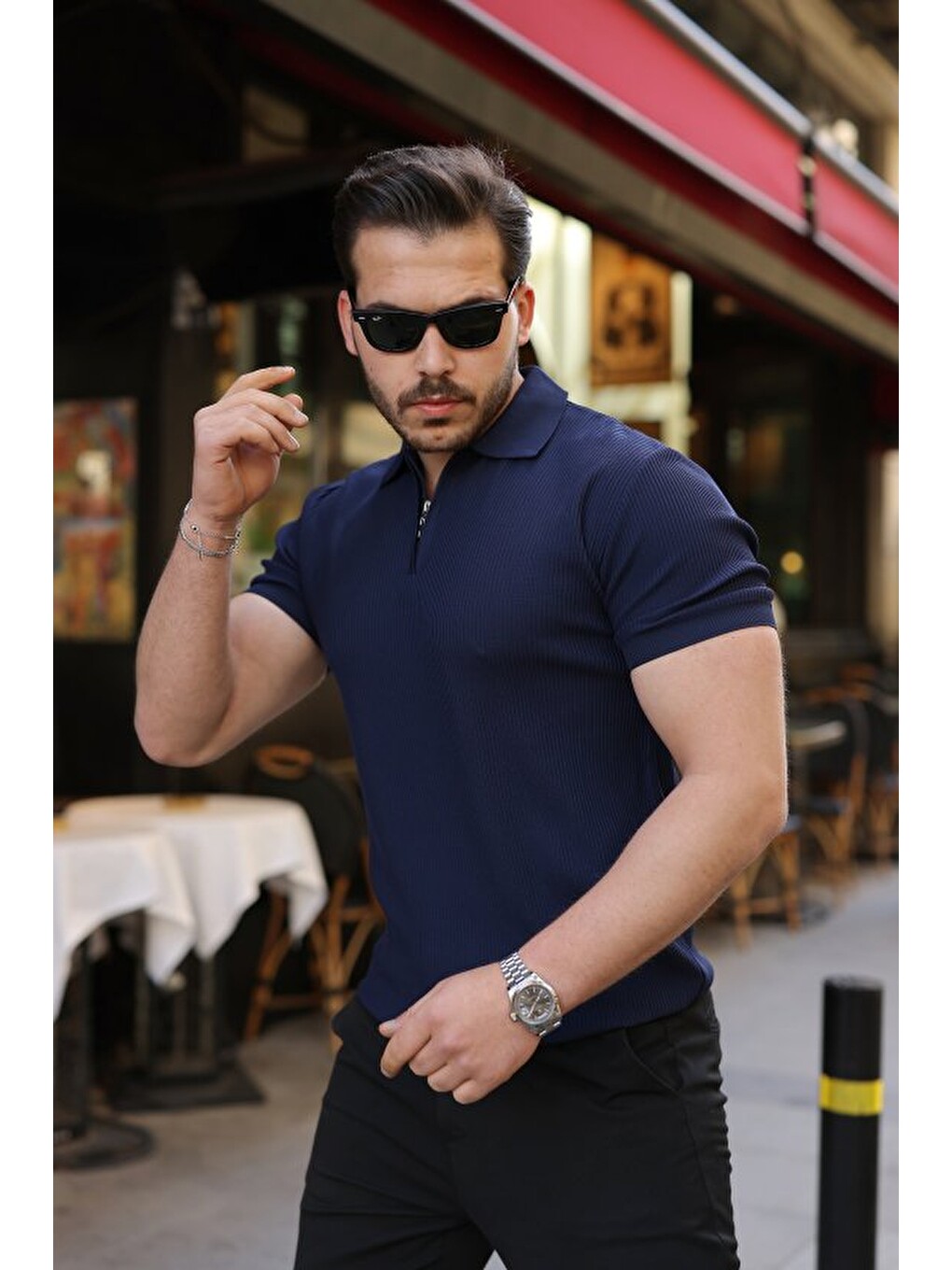 Lacivert Erkek Fermuarlı Yakalı Kısa Kollu Tshirt-4