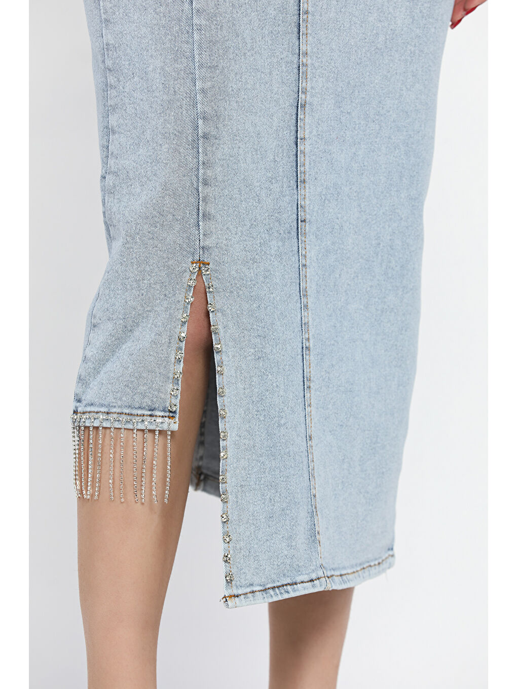 Mavi Taş Detaylı Jean Etek-3