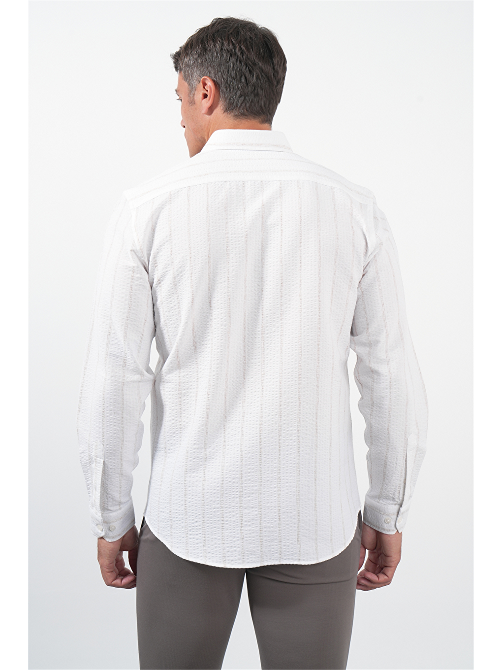 Beyaz-haki Yumuşak Yaka Uzun Kol Slim Fit Pamuklu Gömlek 1004260259-4