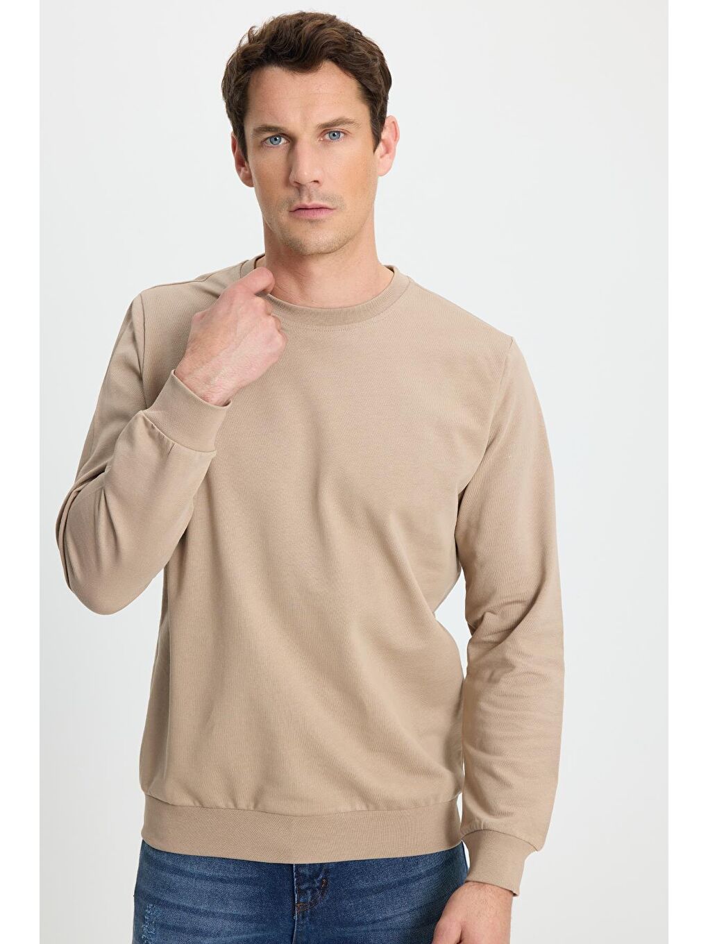 Bej Erkek Relax Fit Rahat Kesim %100 Pamuk 2 İplik Bisiklet Yaka Taş Sweatshirt-3