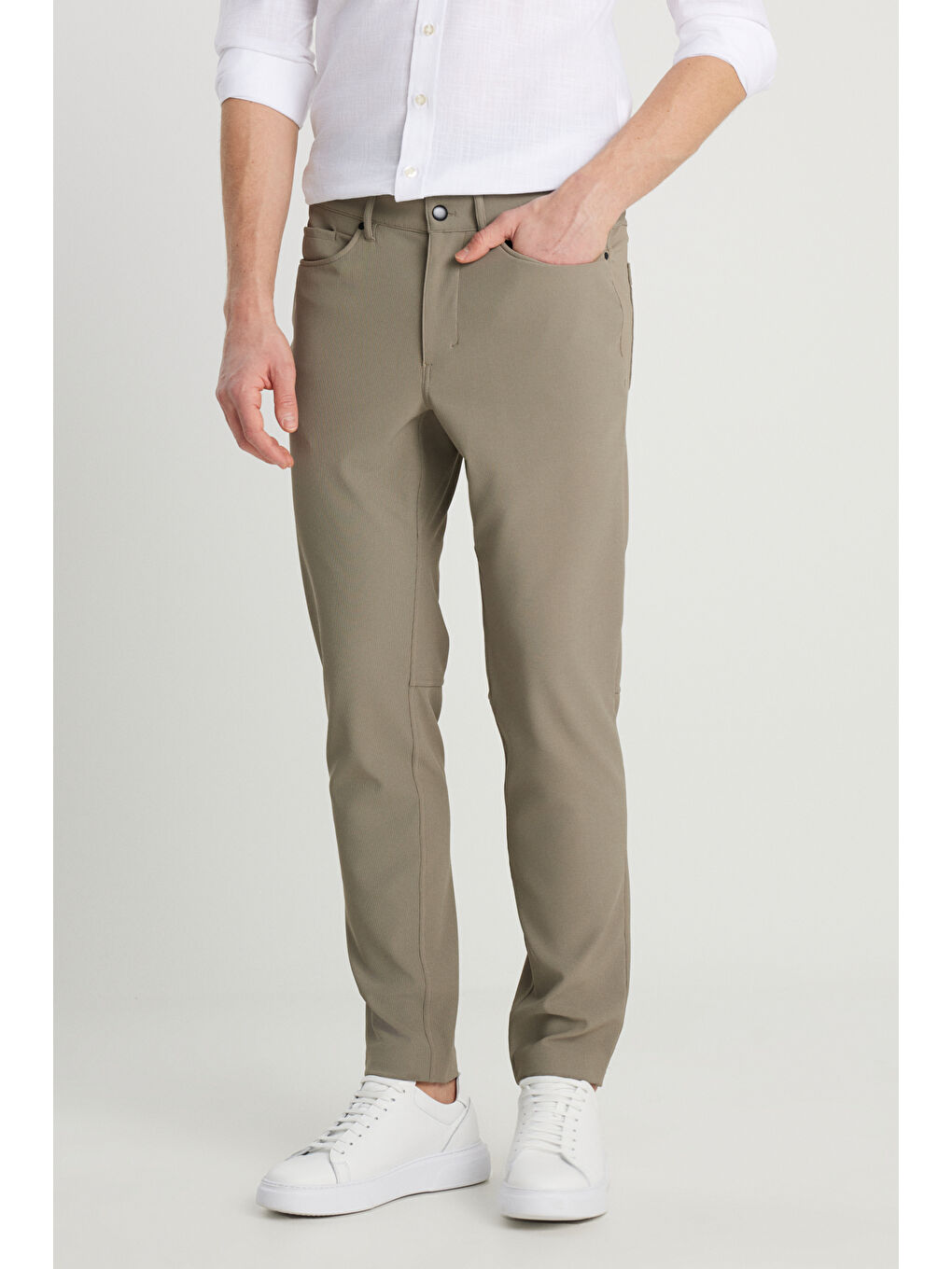 Bej Erkek Vizon Slim Fit Dar Kesim Cepli Esnek Takım Elbise Pantolonu