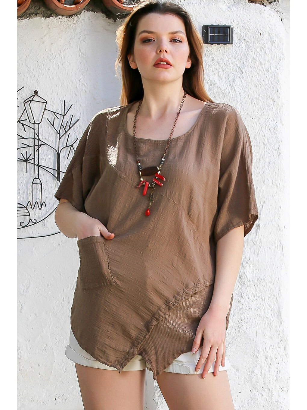 Kahverengi Açık Kahve Havuz Yaka Cepli File Detaylı Yıkamalı Casual Asimetrik Dokuma Bluz 70 65-2