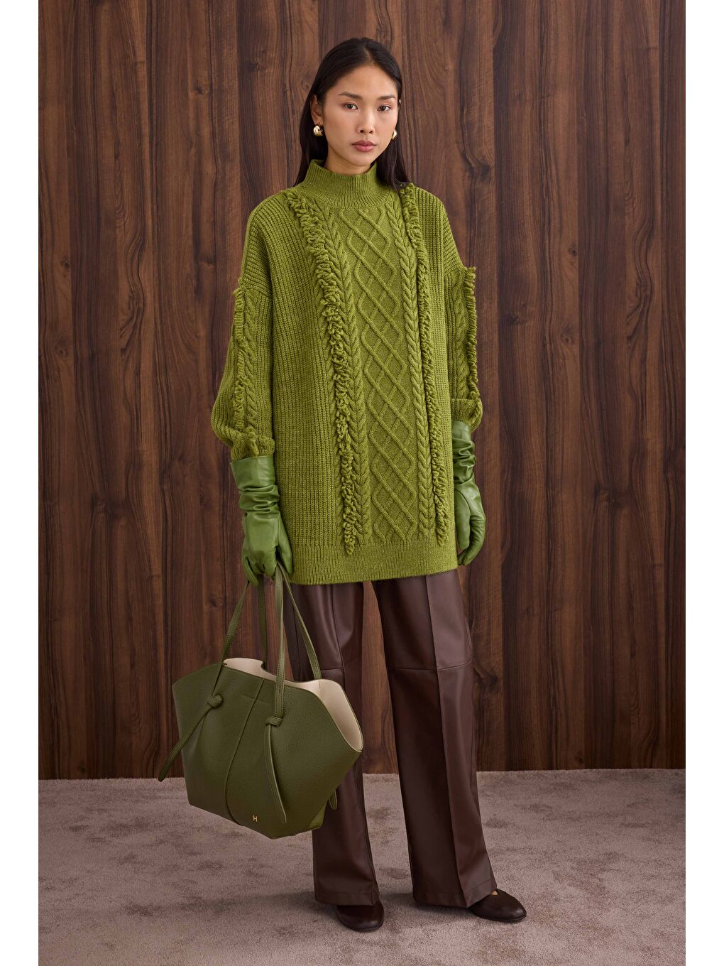 Püskül Detaylı Örme Kazak Yeşil-1