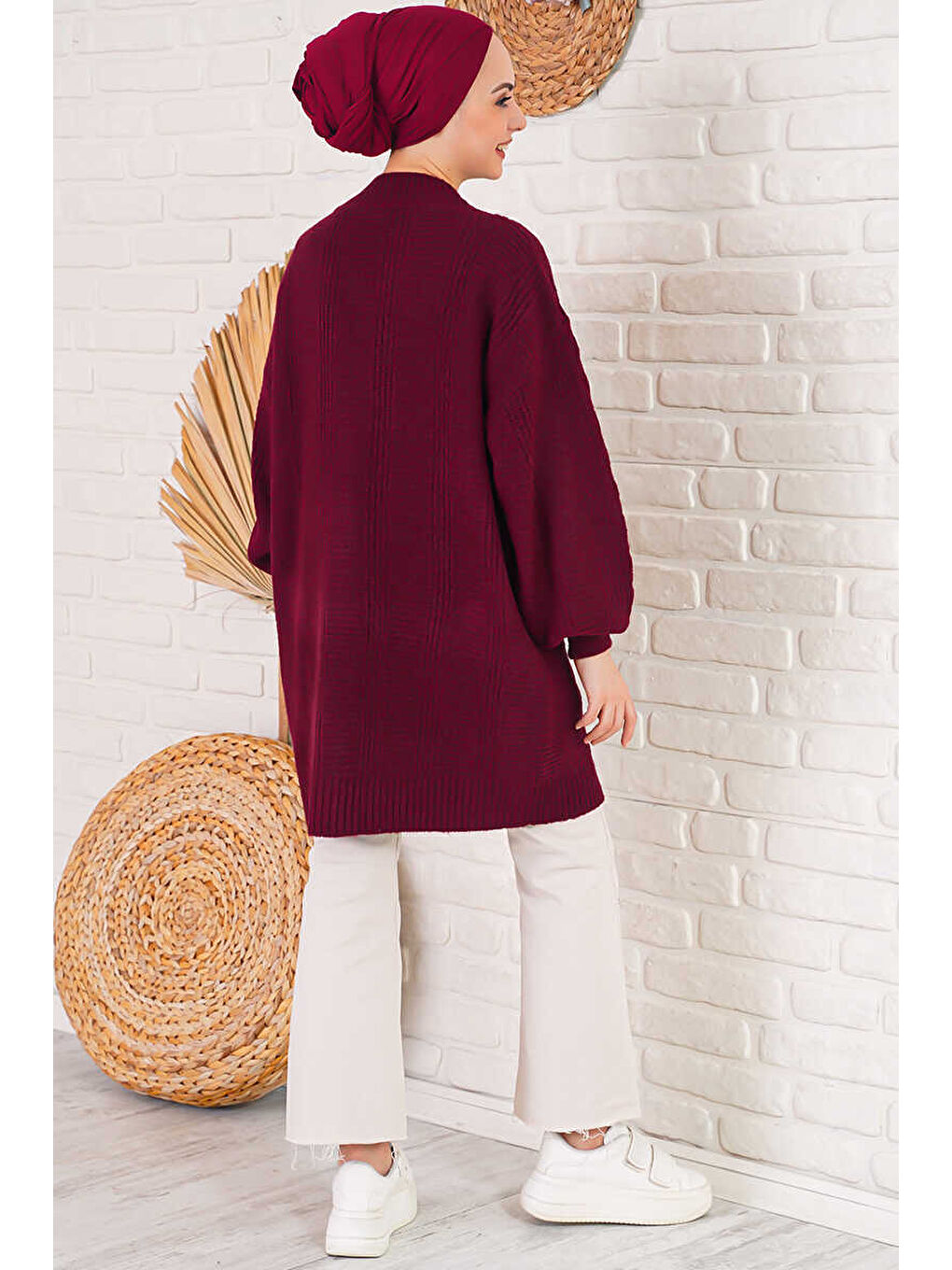 Bordo Kadın Tesettür Triko Hırka 15768-3