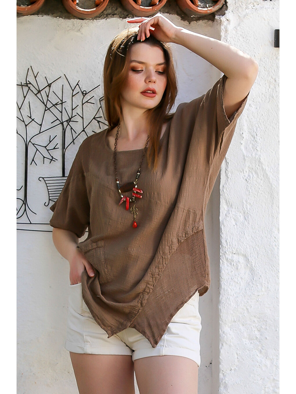 Kahverengi Açık Kahve Havuz Yaka Cepli File Detaylı Yıkamalı Casual Asimetrik Dokuma Bluz 70 65-4