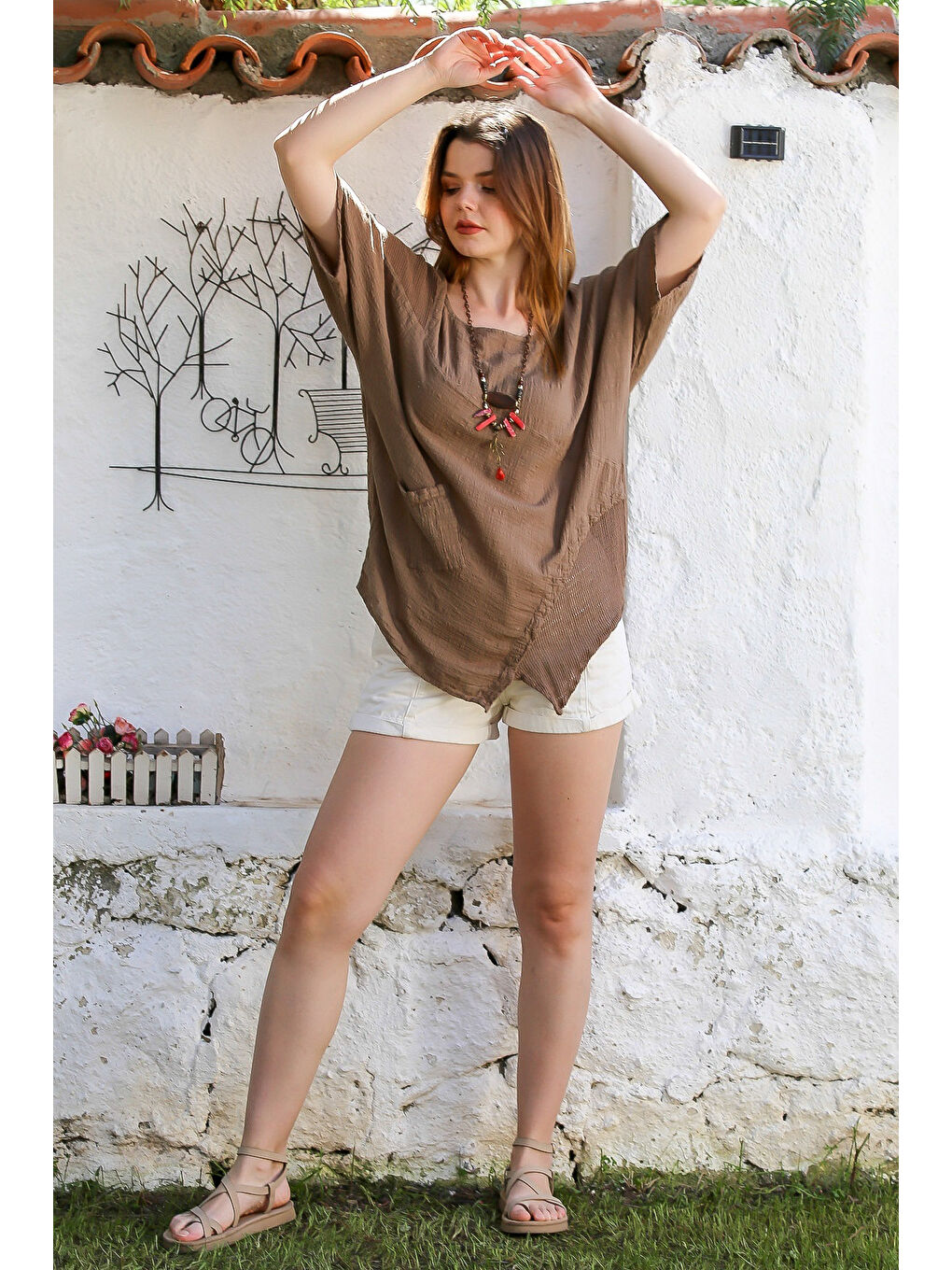 Kahverengi Açık Kahve Havuz Yaka Cepli File Detaylı Yıkamalı Casual Asimetrik Dokuma Bluz 70 65-6