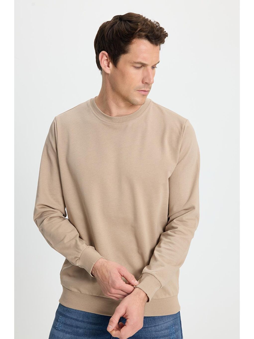 Bej Erkek Relax Fit Rahat Kesim %100 Pamuk 2 İplik Bisiklet Yaka Taş Sweatshirt-4