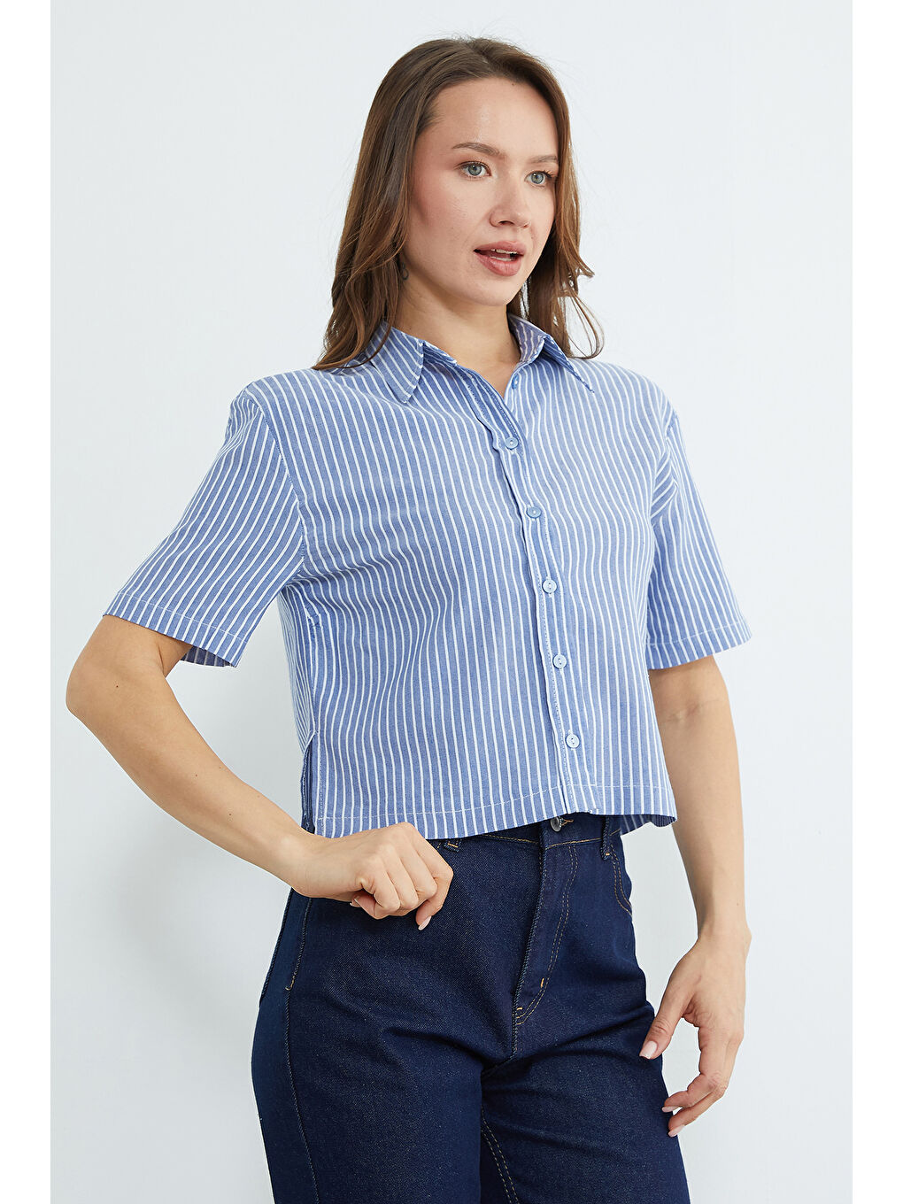 Lacivert Çizgili Oversize Crop Gömlek-1