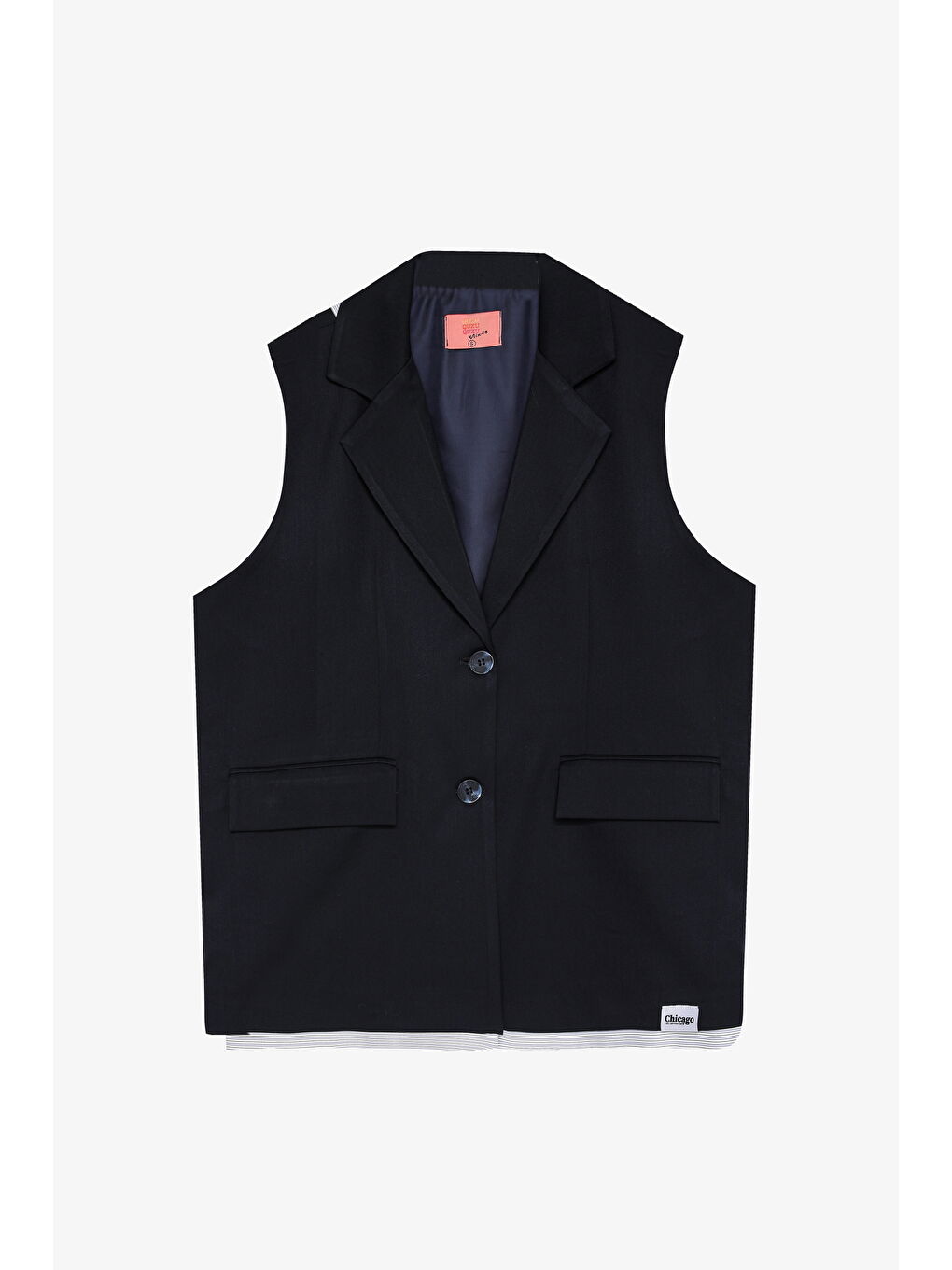 Kumaş Garnili Etiket Aksesuarlı Oversize Yelek Ceket Lacivert